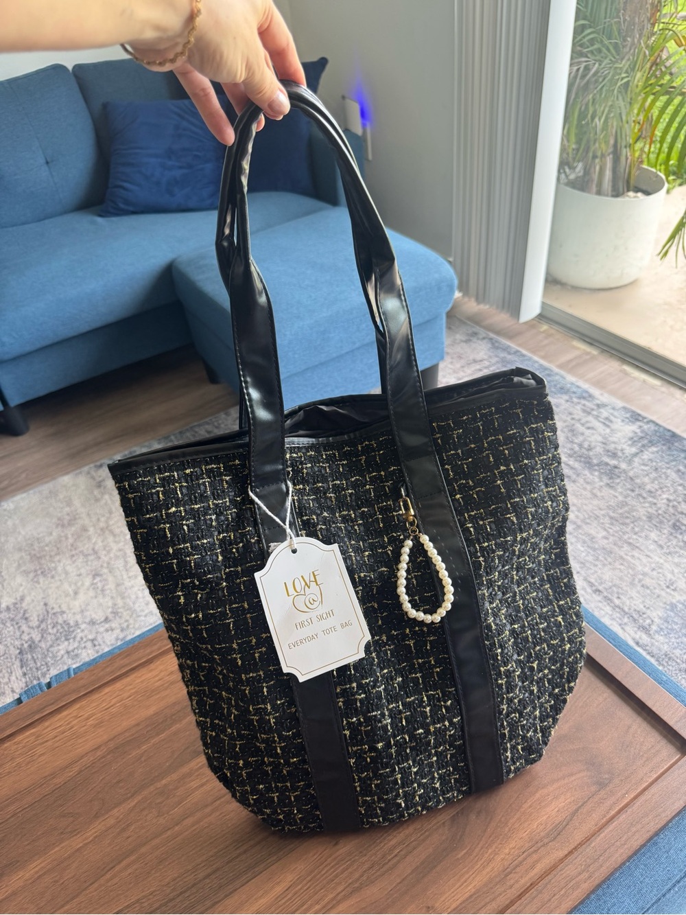 Black Tweed Tote Bag with Pearl Charm